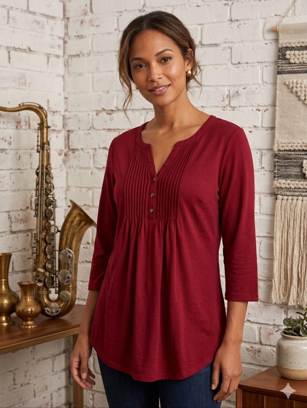 Wine Red Pleated Button-Front Blouse with Notched V-Neck Size Small
